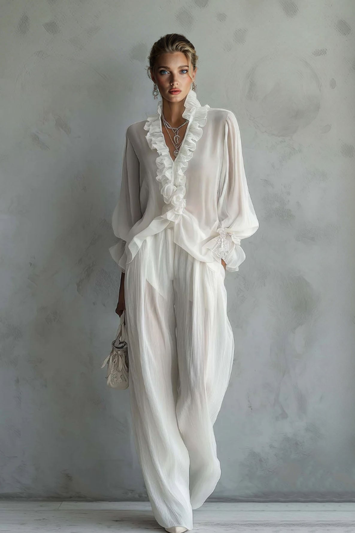 Set composto da camicia di pizzo a maniche lunghe e pantaloni a gamba larga