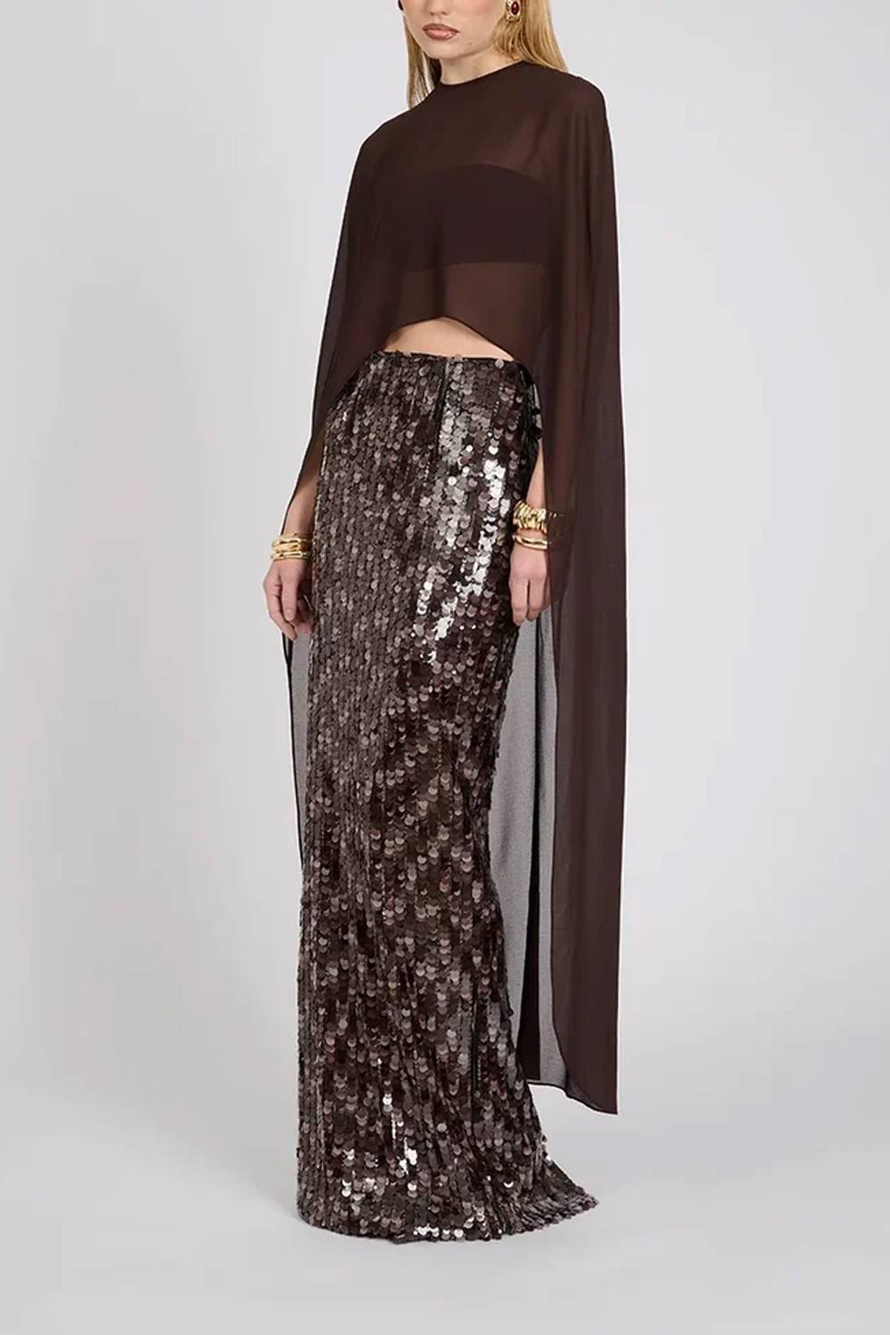 Zweiteiliges Set für Damen mit transparentem Top mit Capeärmeln und Pailletten-Maxirock