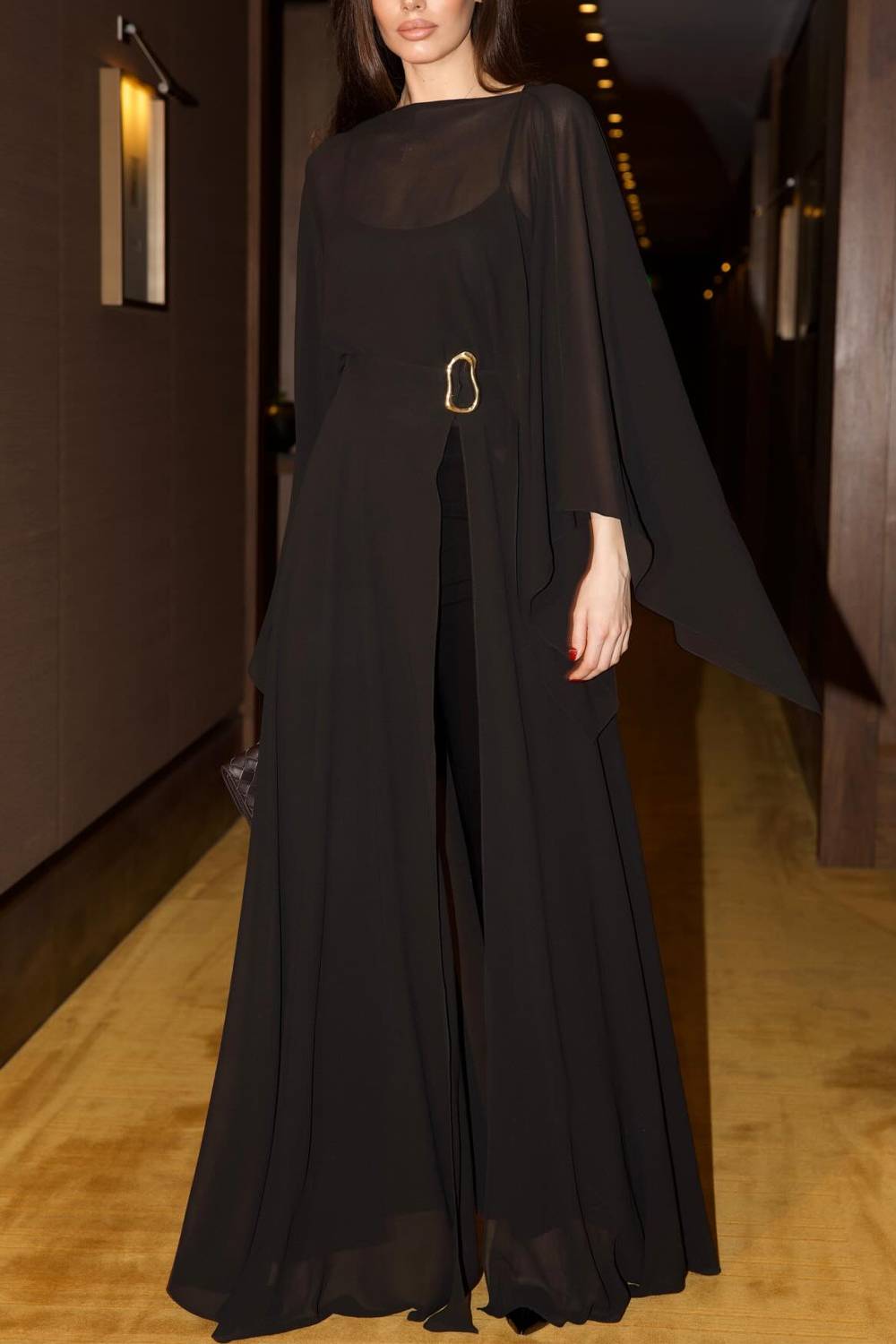 Cape‑Sleeve Chiffon Overlay Top & High‑Waist Flare Pants Two‑Piece Set