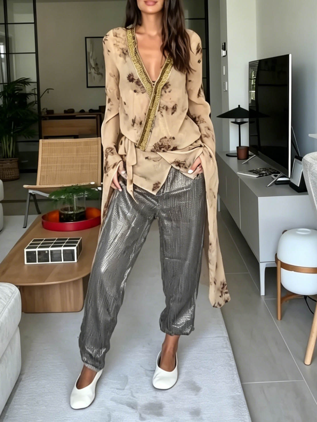 Completo casual a due pezzi con top avvolgente in chiffon tie-dye e pantaloni harem metallizzati