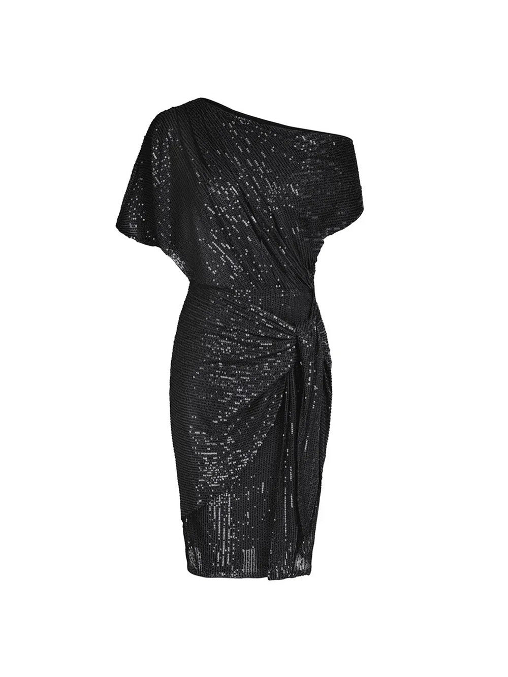 Elegante vestido mini asimétrico de lentejuelas y hombros descubiertos