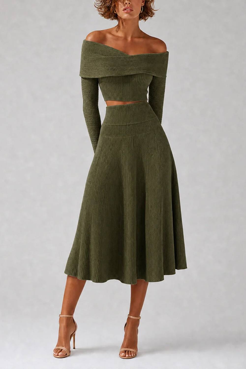 Off‑Shoulder Long‑Sleeve Crop Top & Flare Midi Skirt Knit Two‑Piece Set