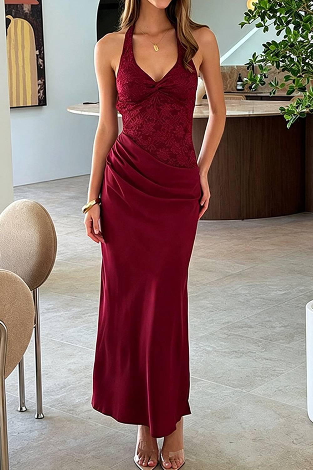 Twist Front Halter Lace Bodice Draped Midi Dress
