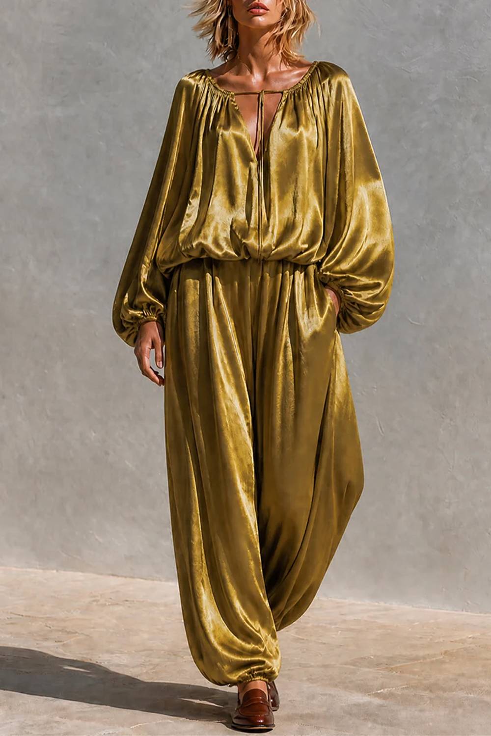 Tie‑Neck Balloon Sleeve Blouse & Elastic Cuff Wide‑Leg Pants Two‑Piece Set With Pockets
