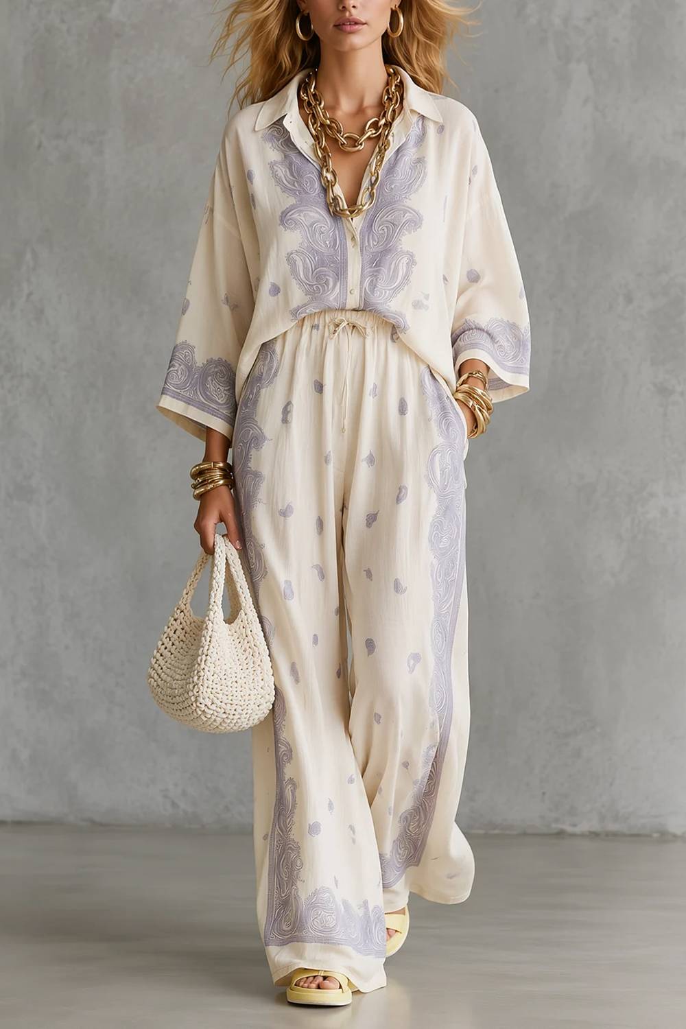 Conjunto vintage de camisa holgada estampada Lar y pantalones de pernera ancha