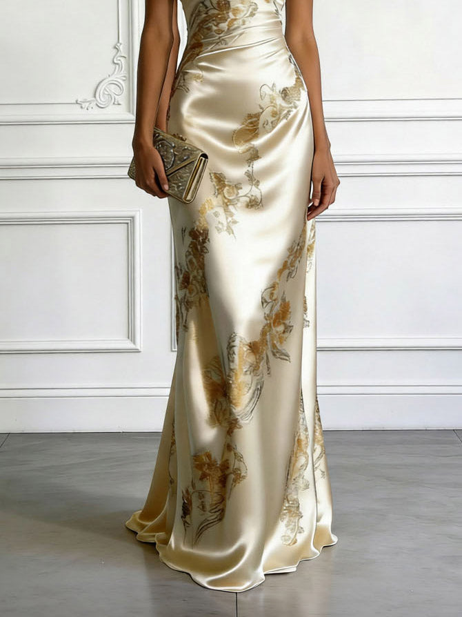 Elegantes One-Shoulder-Maxikleid aus Satin mit Blumenmuster