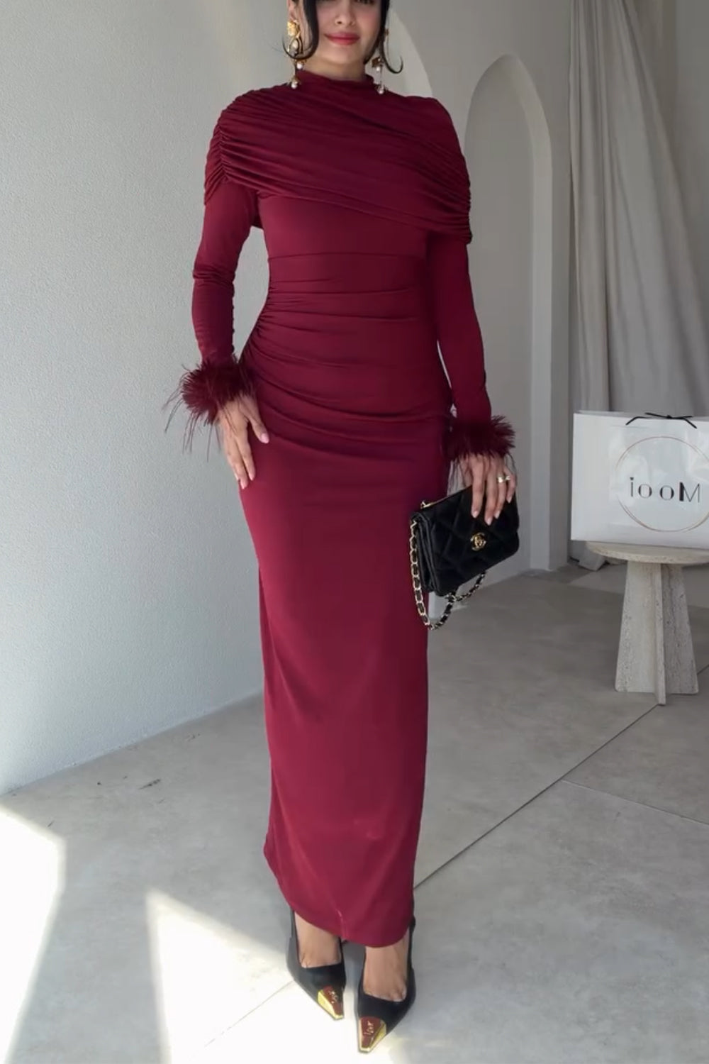 Women High Neck Ruched Cape Maxi Dress