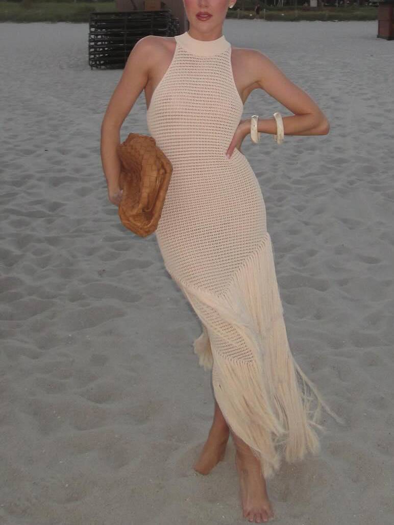 Vestido de malha com bainha com borlas