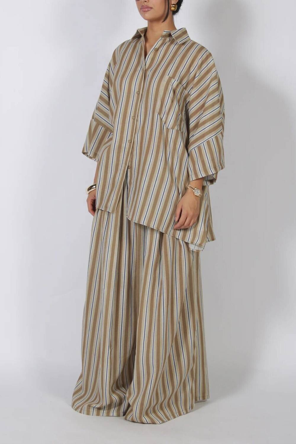 Striped Oversized Collared Button‑Up Shirt & Wide Leg Pants Two‑Piece Set