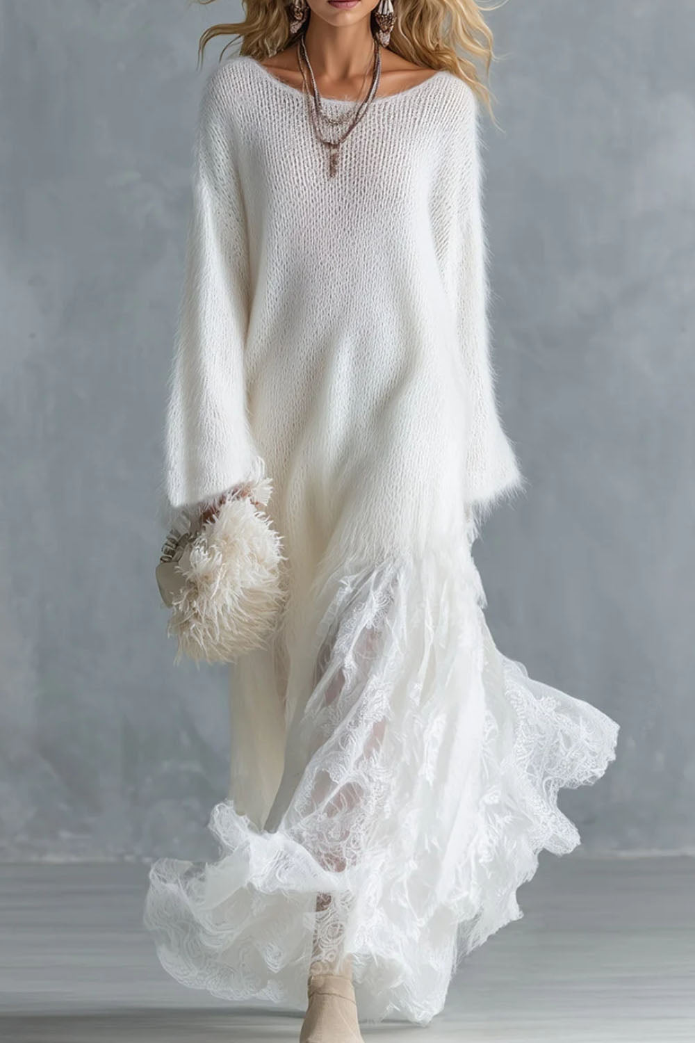 Boho Fuzzy Knit Lace Maxi Dress