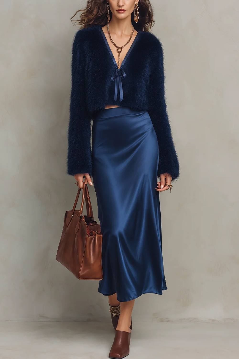 Navy Furry Cropped Top & Satin Midi Skirt Two Piece Set