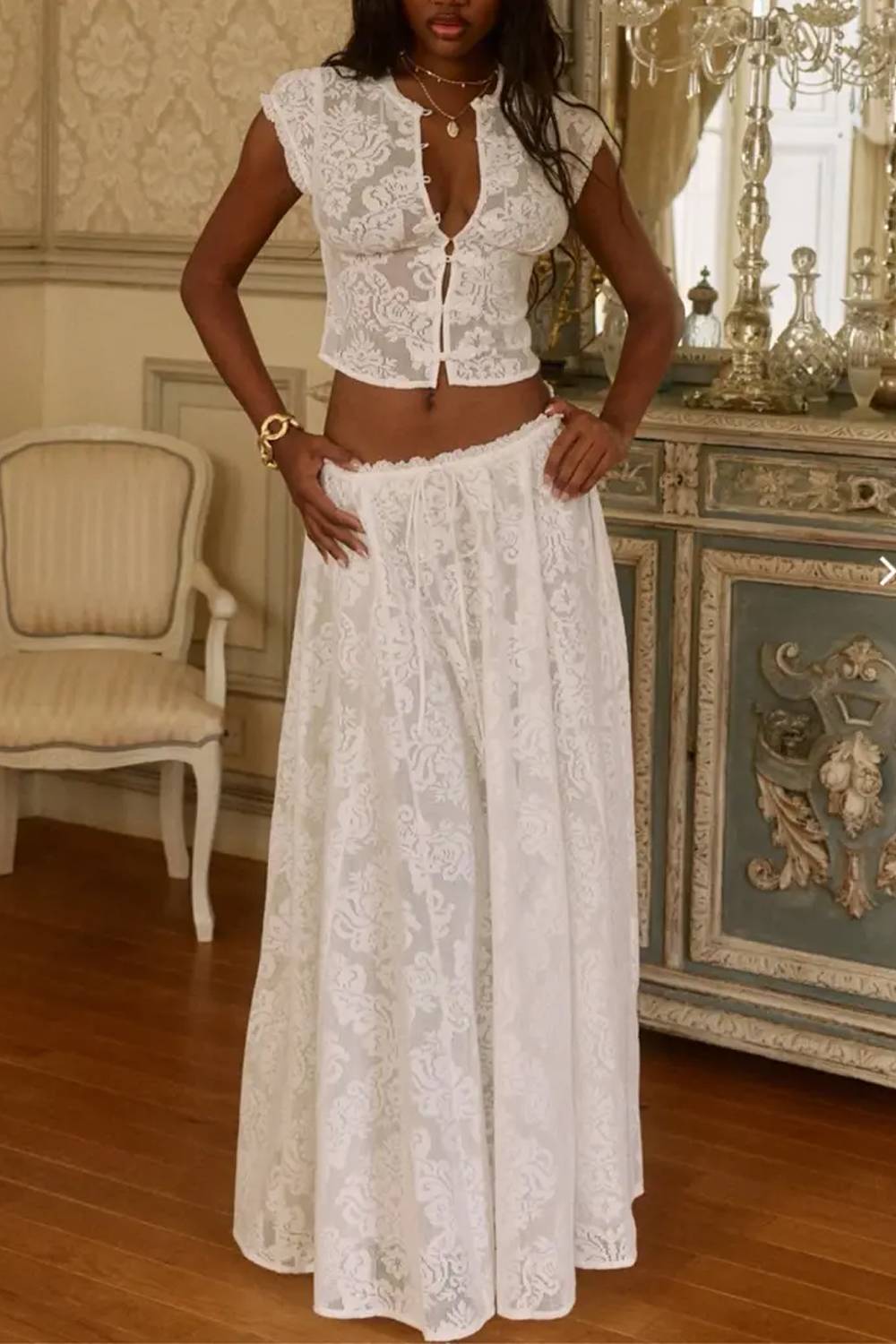 Lace Cap Sleeve Crop Top & Wide Leg Pants Two Piece Outfit
