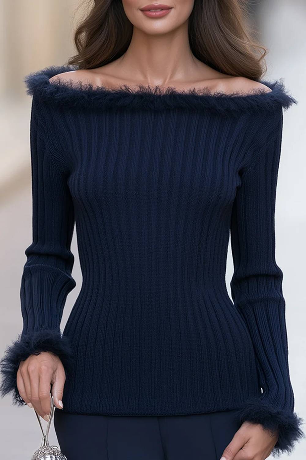 Off Shoulder Furry Trim Long Sleeve Rib Knit Top