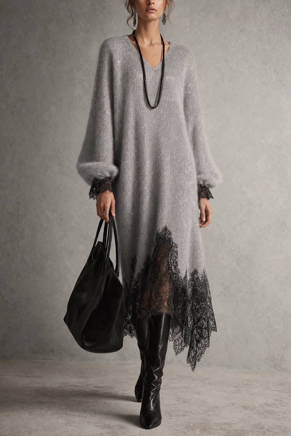 Midikleid aus Paillettenstrick mit V-Ausschnitt, Puffärmeln und asymmetrischem Spitzenbesatz am Saum