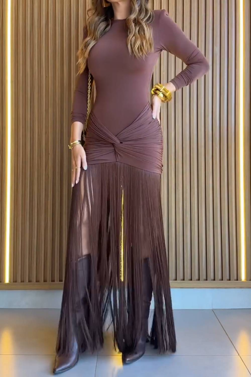 Women Long Sleeve Twist Knot Fringe Maxi Dress