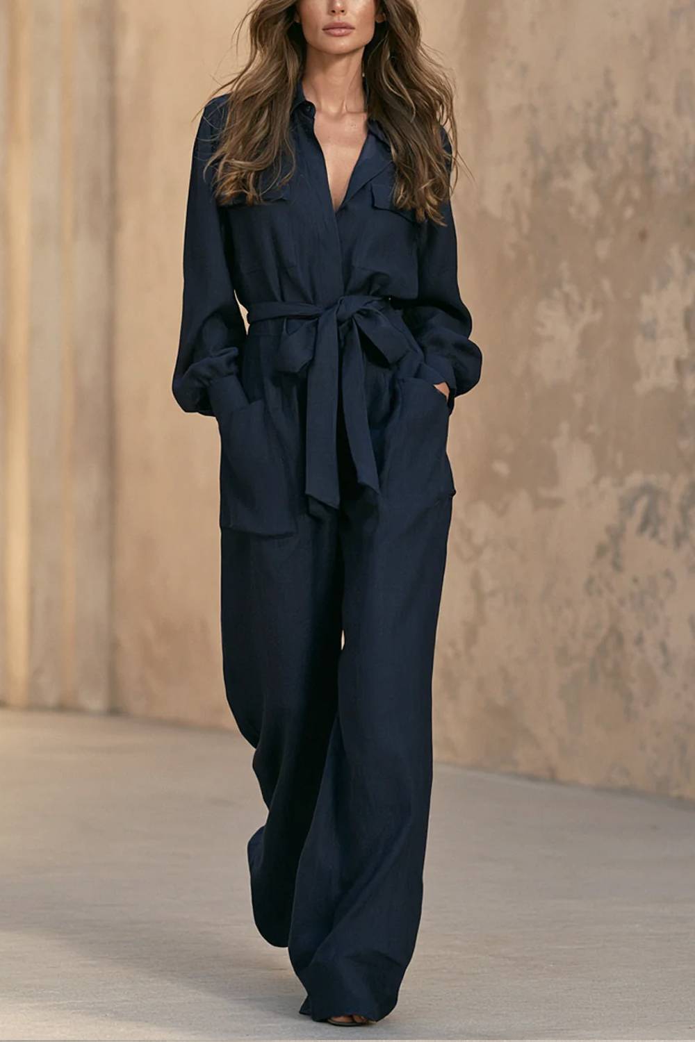 Collared Long Sleeve Belted Wide‑Leg Utility Jumpsuit