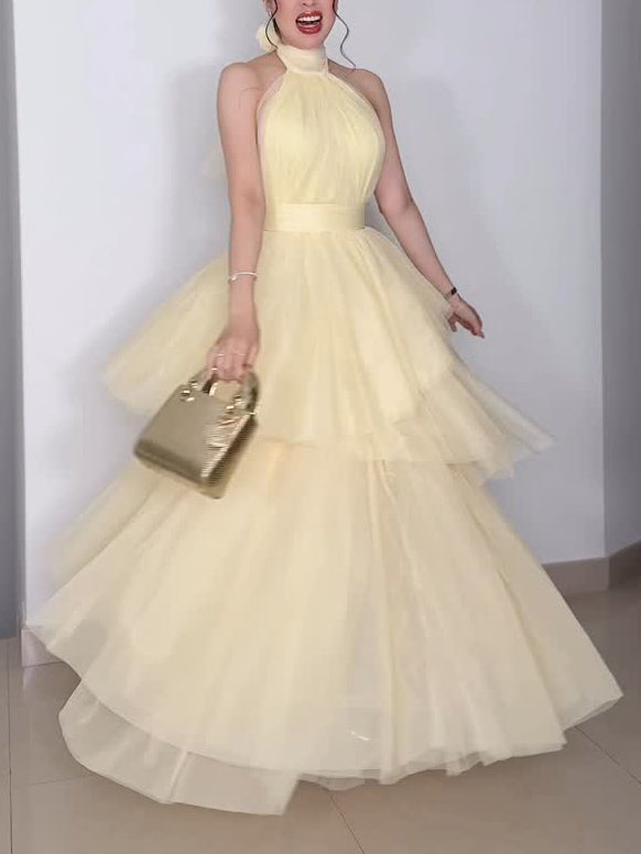 Elegant Backless Tie-Up Layered Tulle Maxi Dress