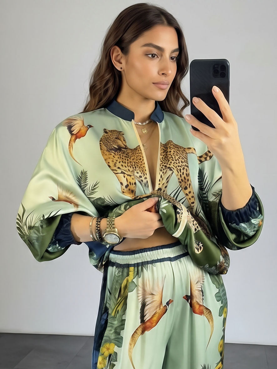 Ensemble à imprimé jungle exotique avec chemise zippée et pantalon large