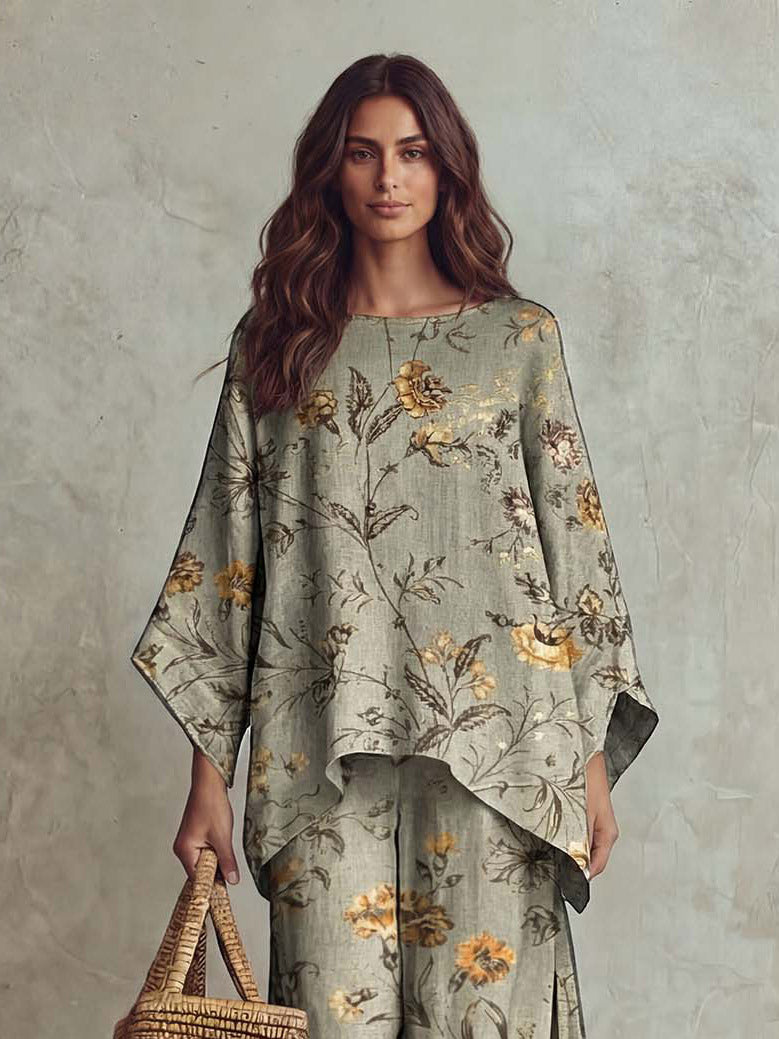 Completo retrò a due pezzi con top ampio a fiori e pantaloni a gamba larga