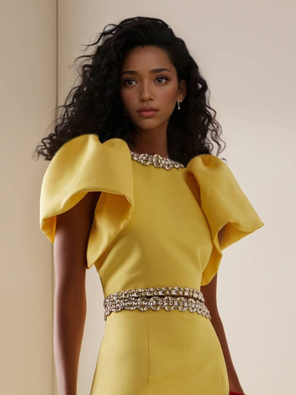 Ensemble raffiné composé d’un haut à manches bouffantes orné de strass et d’une jupe longue fendue