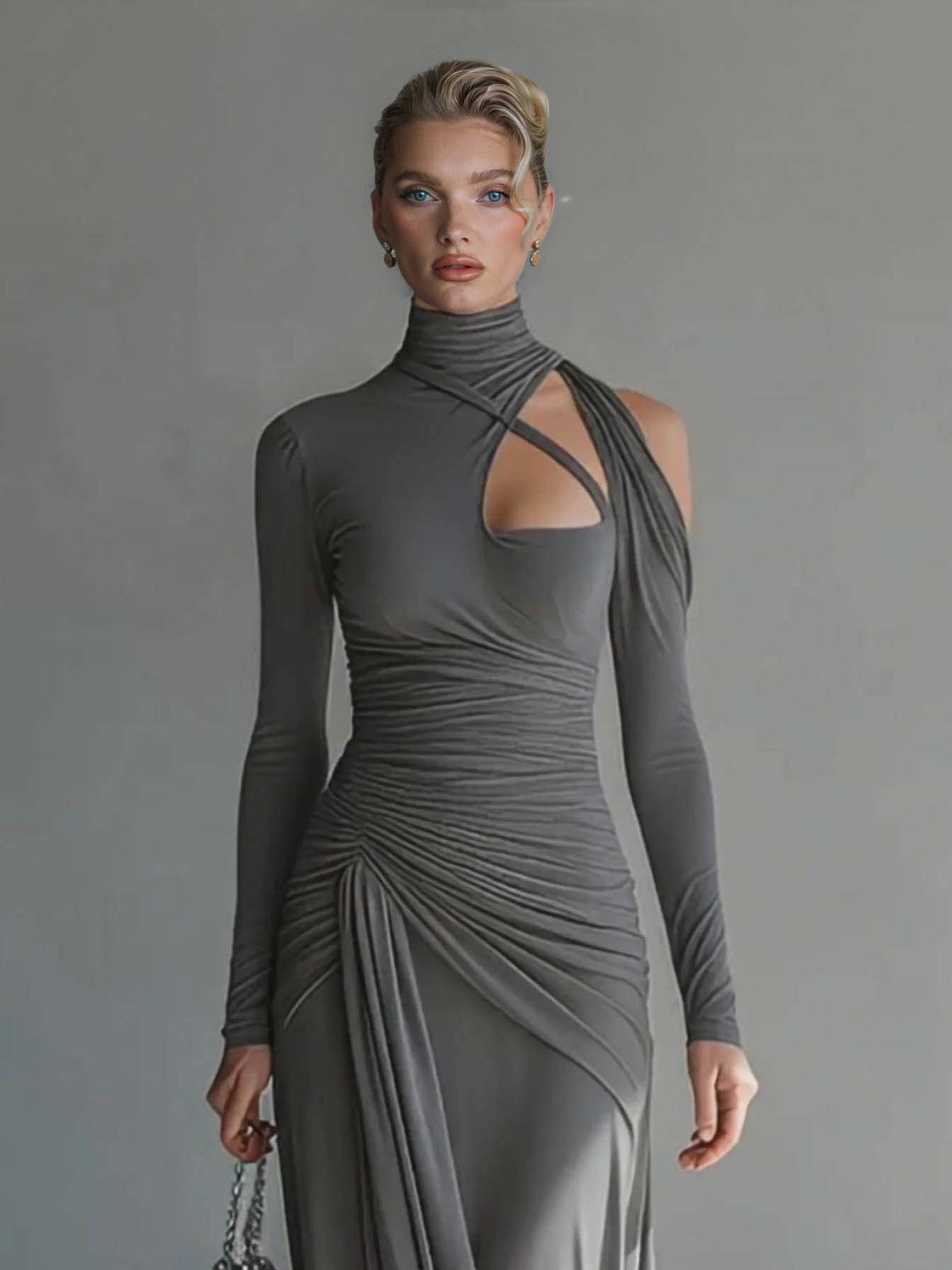 Vestido largo casual de tejido sedoso elástico, plisado y con abertura