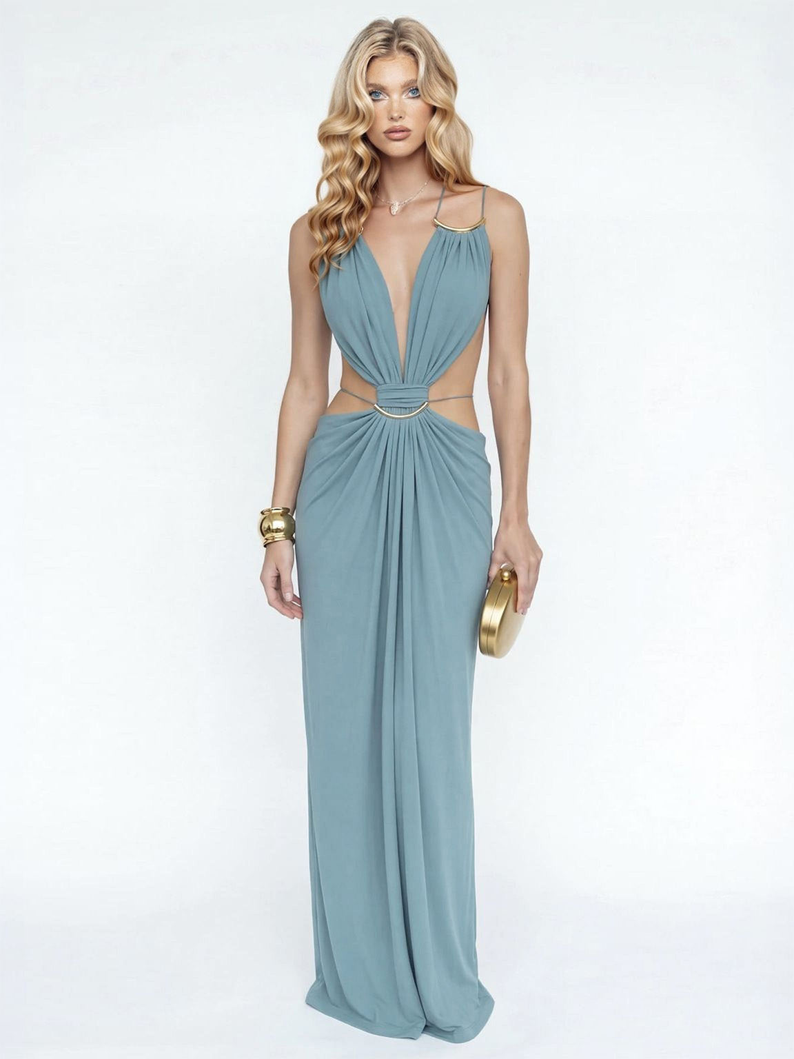 Robe longue sexy drapée en dentelle, à lacets, dos nu, avec chaîne métallique et découpes