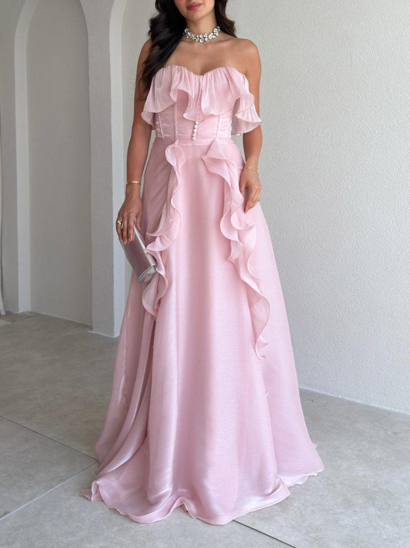 Elegantes trägerloses Korsett-Maxikleid mit Rüschen und hohem Schlitz