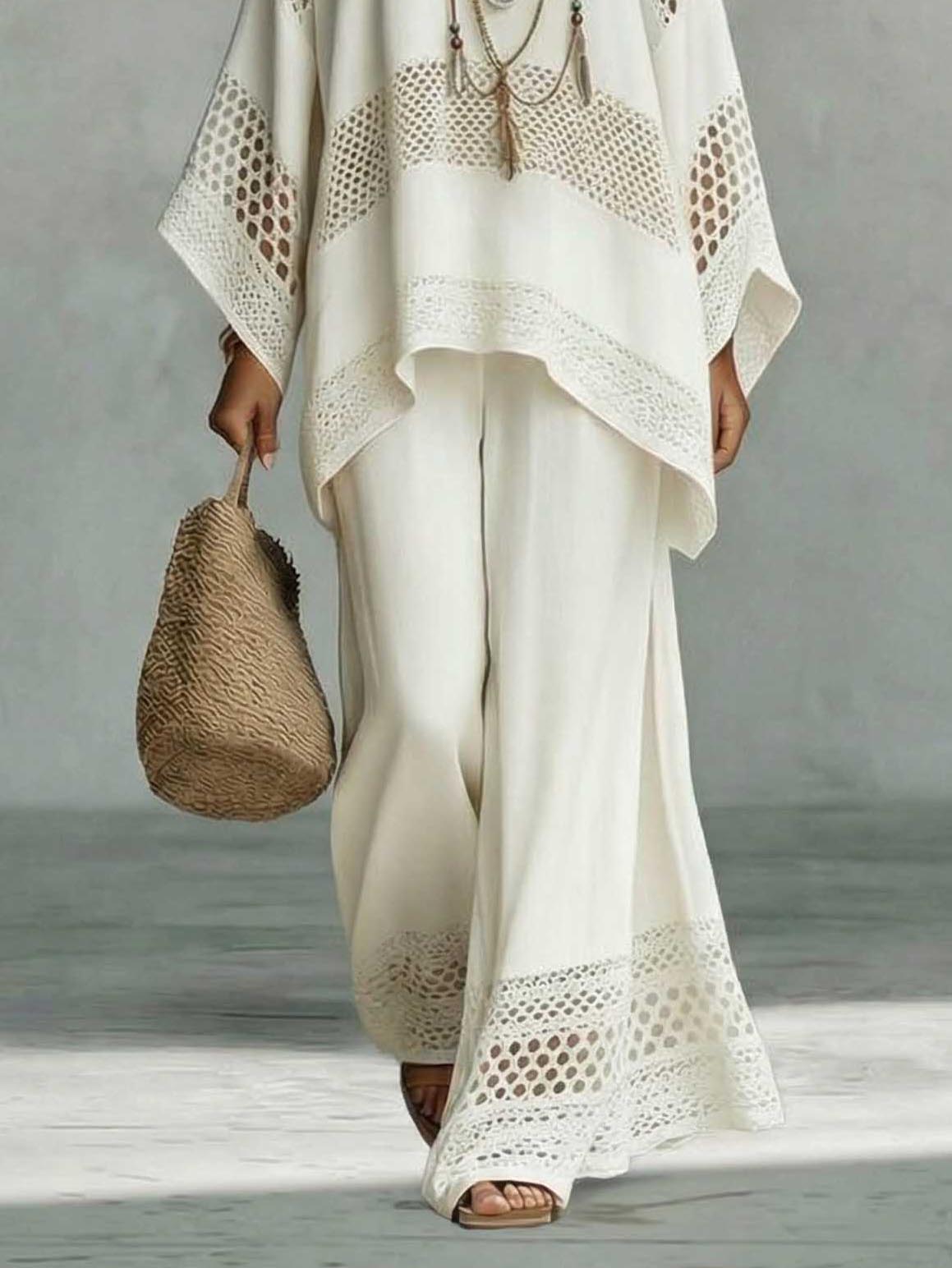 طقم أنيق من قطعتين: سروال واسع الساقين من الدانتيل الكروشيه