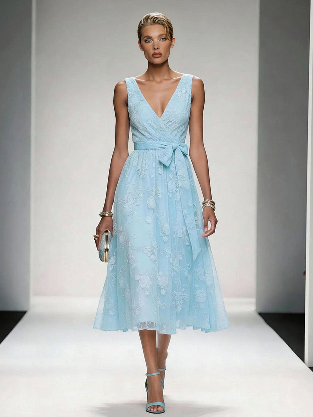 Abito midi elegante con scollo a V, ricami in pizzo e laccetto sul davanti