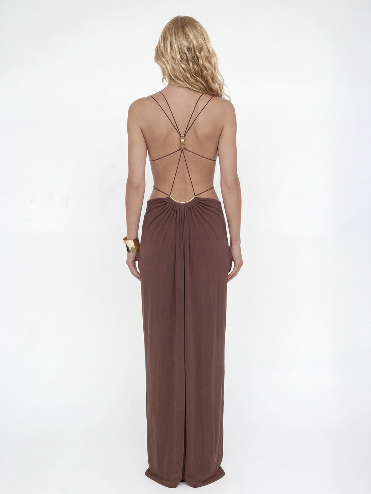 Robe longue sexy drapée en dentelle, à lacets, dos nu, avec chaîne métallique et découpes