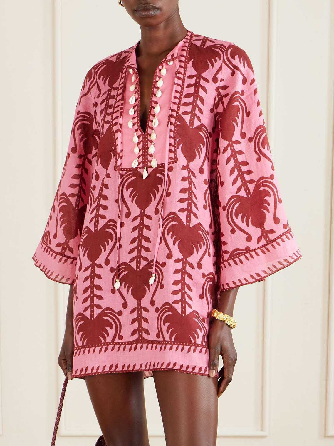 Lässiges Minikleid mit Palmenprint und ausgestellten Ärmeln