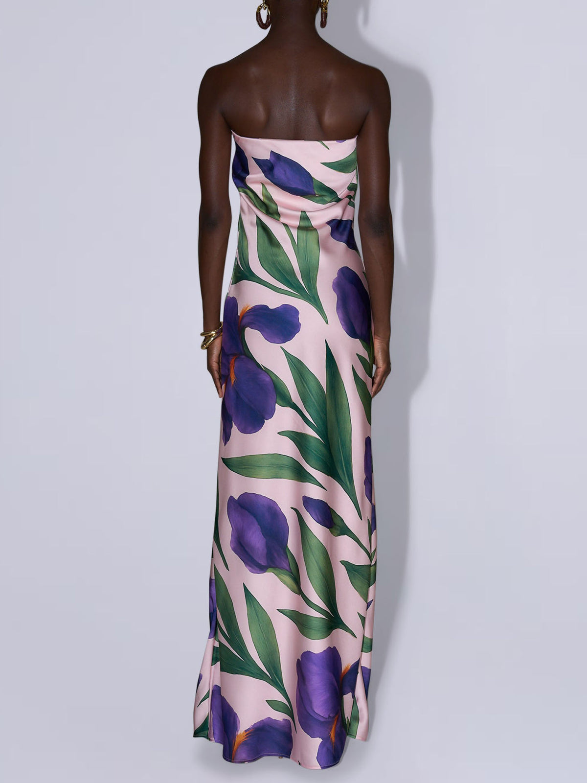Elegantes trägerloses Satin-Maxikleid mit Irisblütenprint