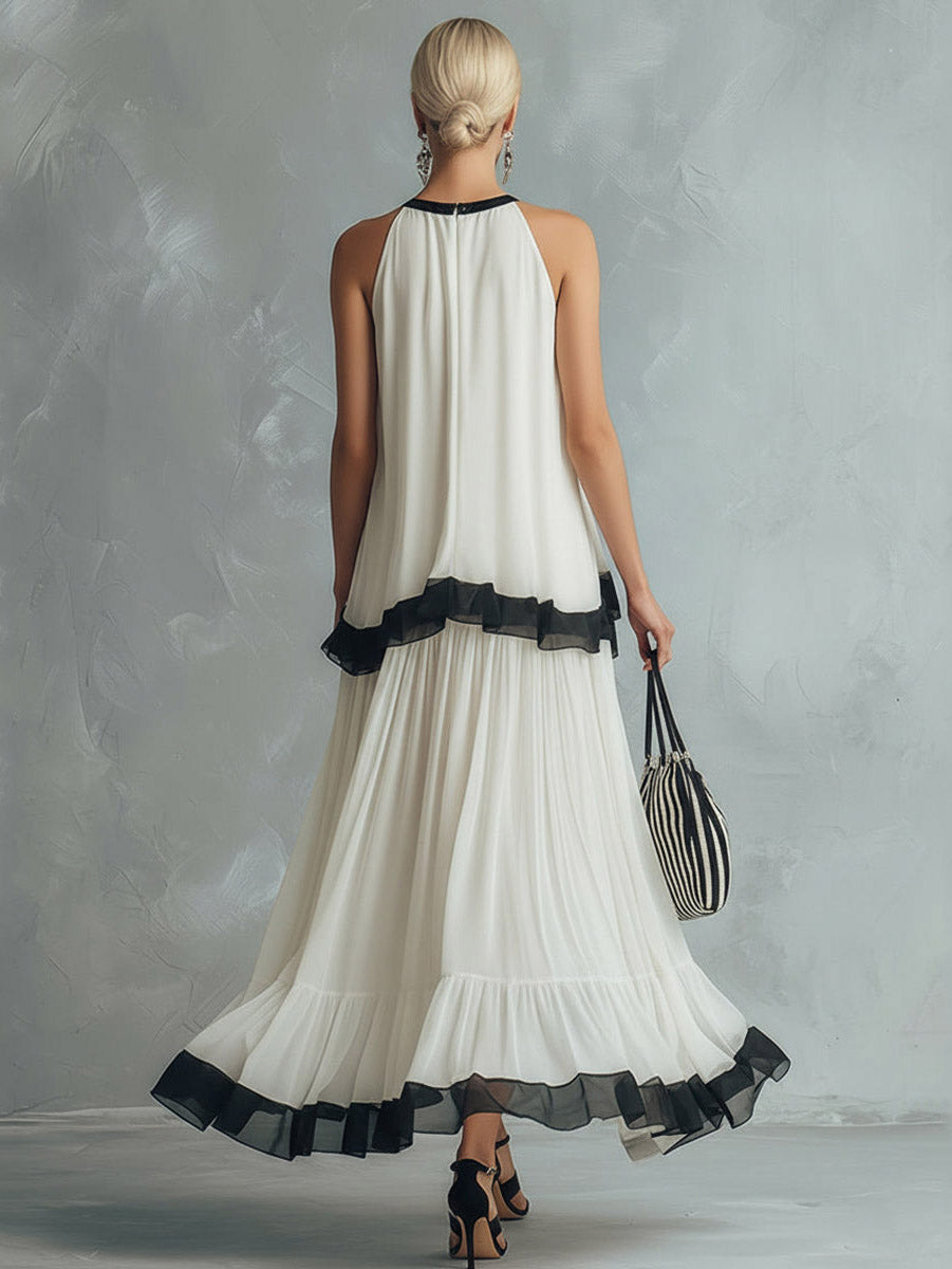 Conjunto elegante de top de alças em chiffon com costas descobertas e saia maxi