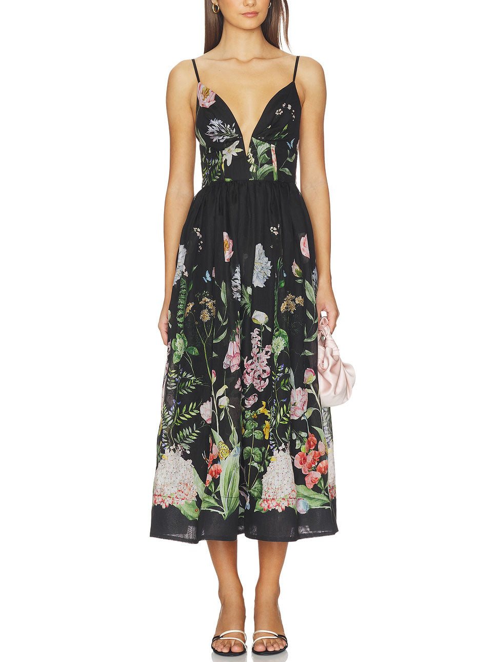 Elegante abito midi a trapezio aderente con stampa botanica e scollo profondo a V