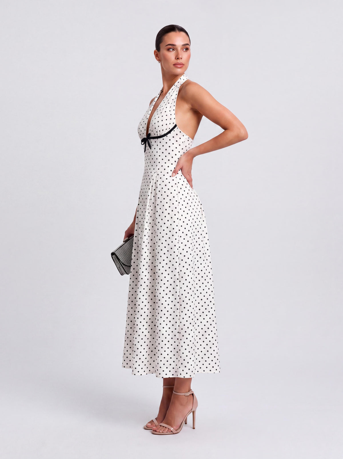 Vestido midi de férias vintage com padrão ondulado, bolinhas e decote em V profundo
