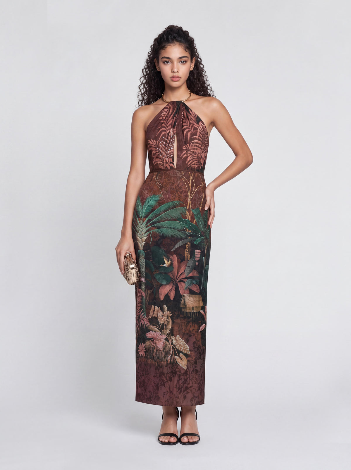 Vestido ajustado de cuello alto con estampado de selva tropical