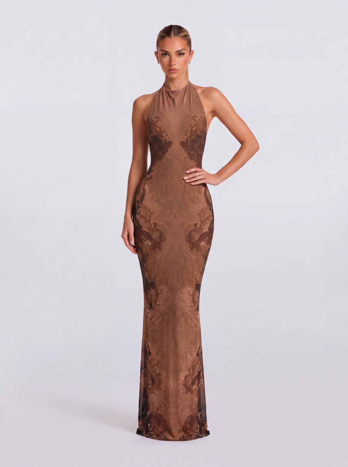 Vestido comprido justo verde-curry com padrão de dragão, decote halter e corte sereia