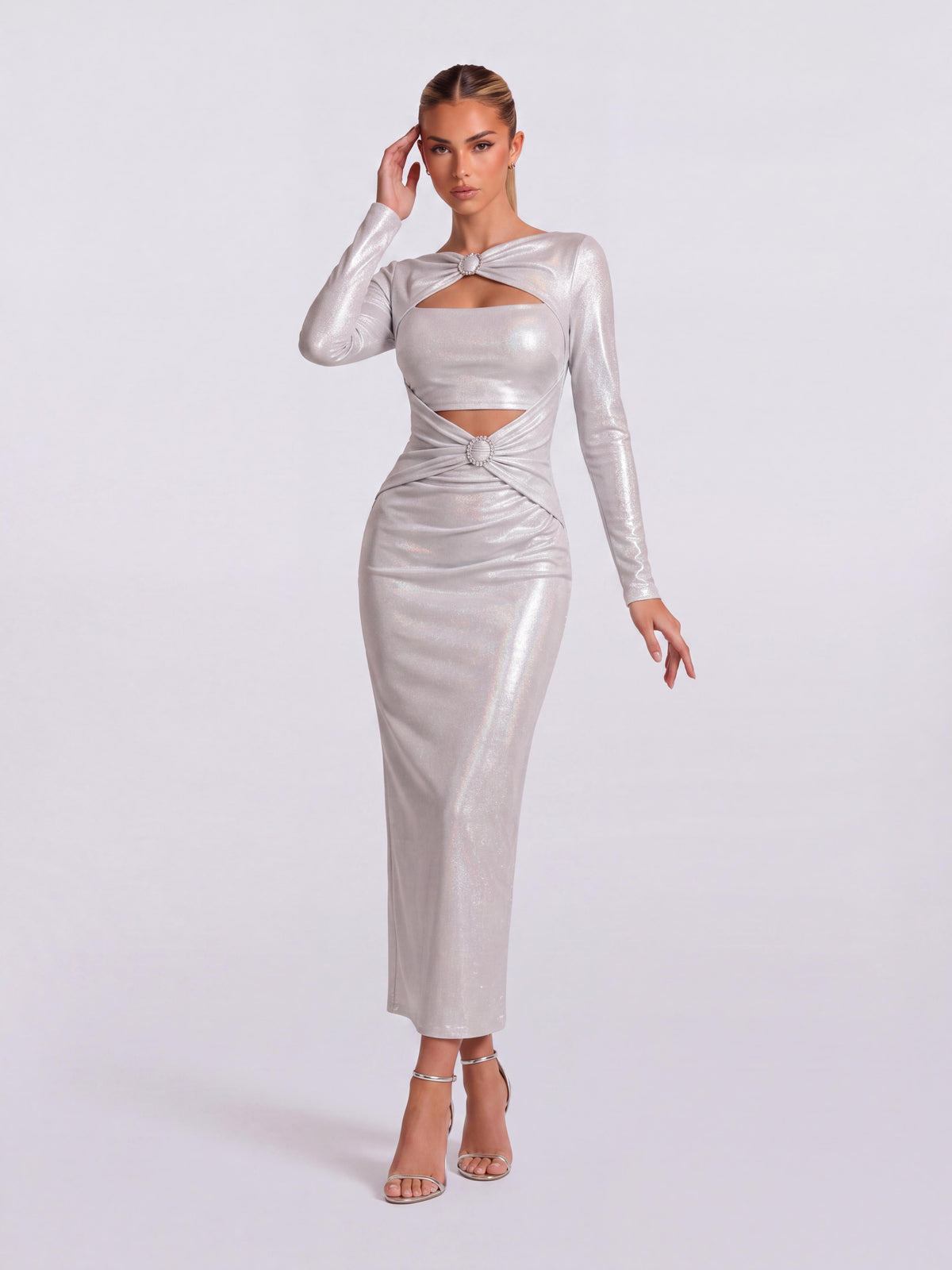 Bright-Face Ring Hollow-Out Long-Sleeved Slim-Fit Hip Mid-Length Dress