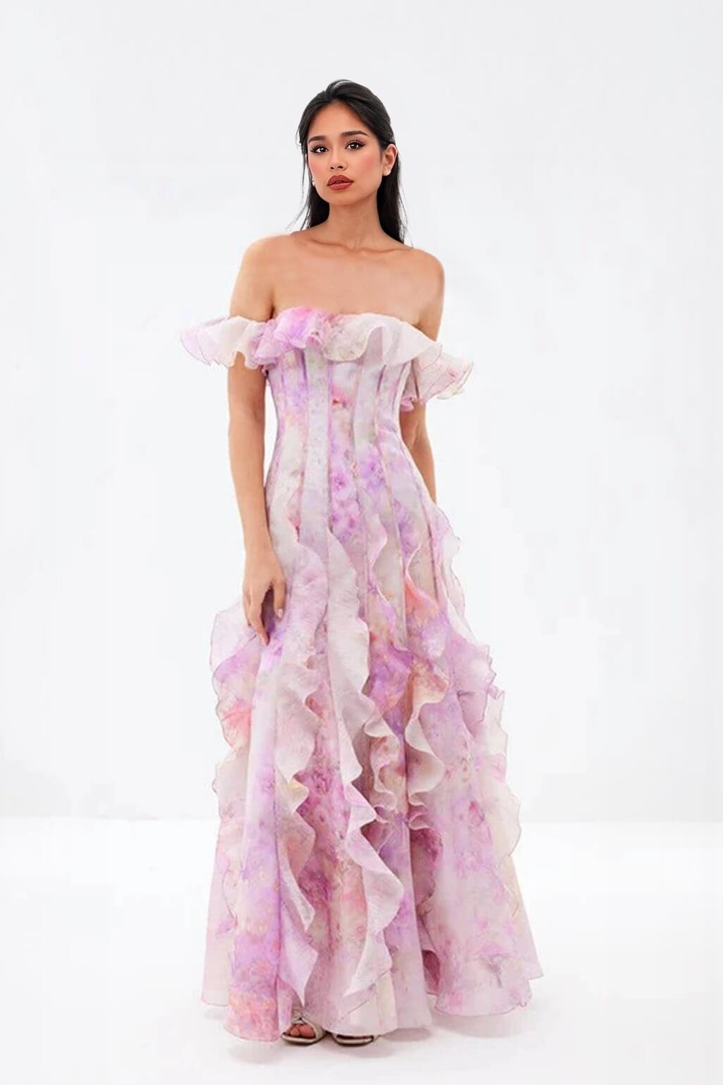 Casual Vacation-Style Strappy Floral Ruffle Maxi Dress
