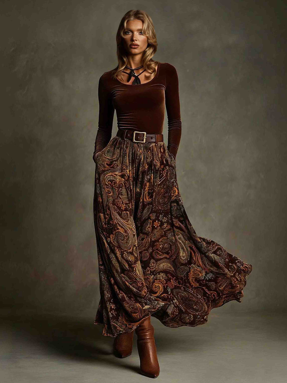Retro Stretch Velvet Top And Paisley Print Maxi Skirt Set