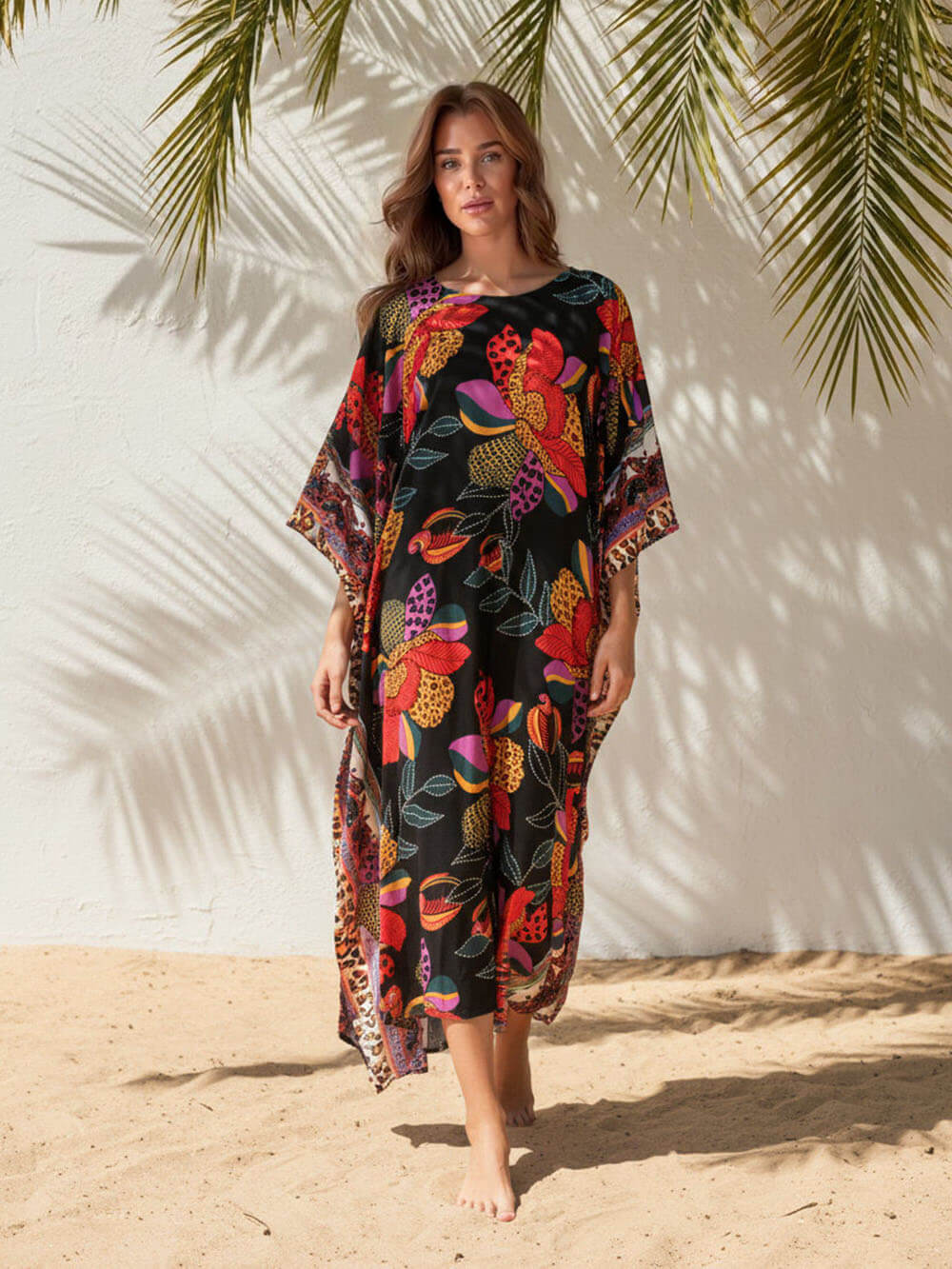 Abito kimono lungo con stampa boho