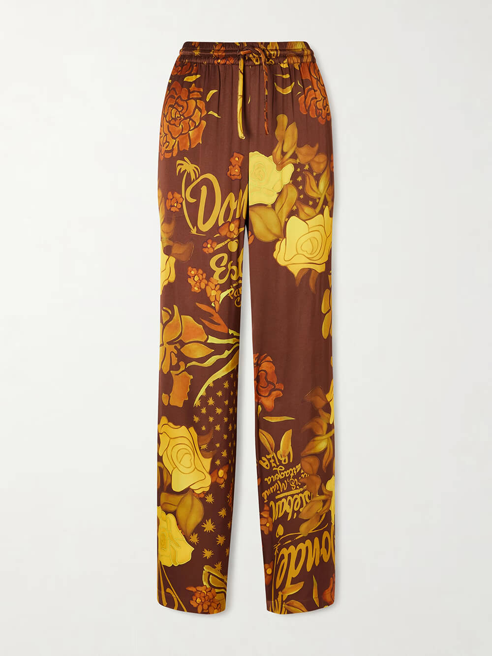 Pantaloni in raso stampato con vita elasticizzata, tasche e gamba larga