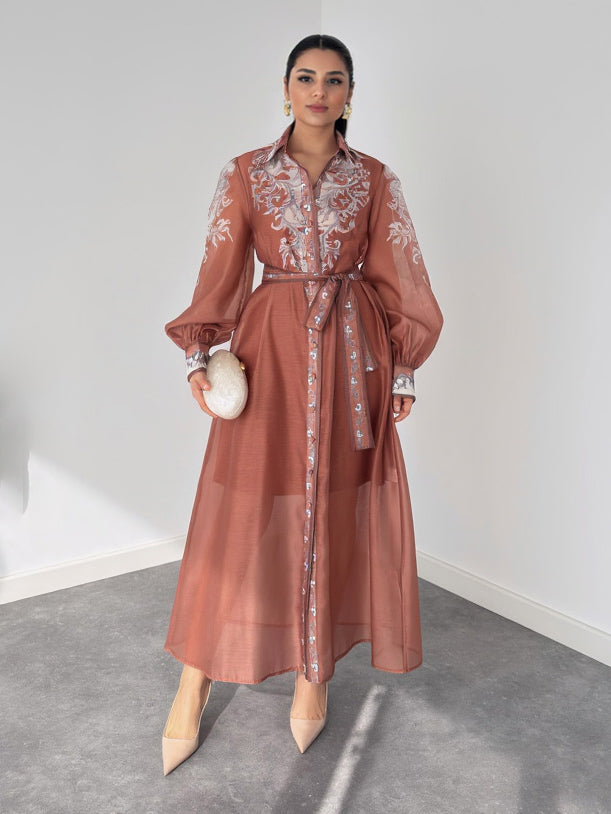 Casual Printed Chiffon Sheer Shirt Maxi Dress