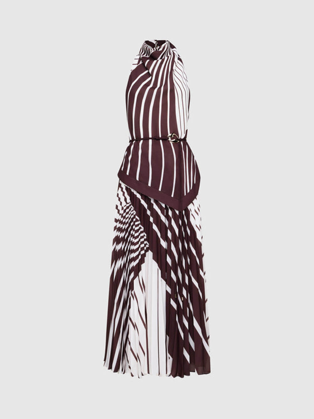 Robe longue élégante à imprimé rayé, ourlet asymétrique et plis