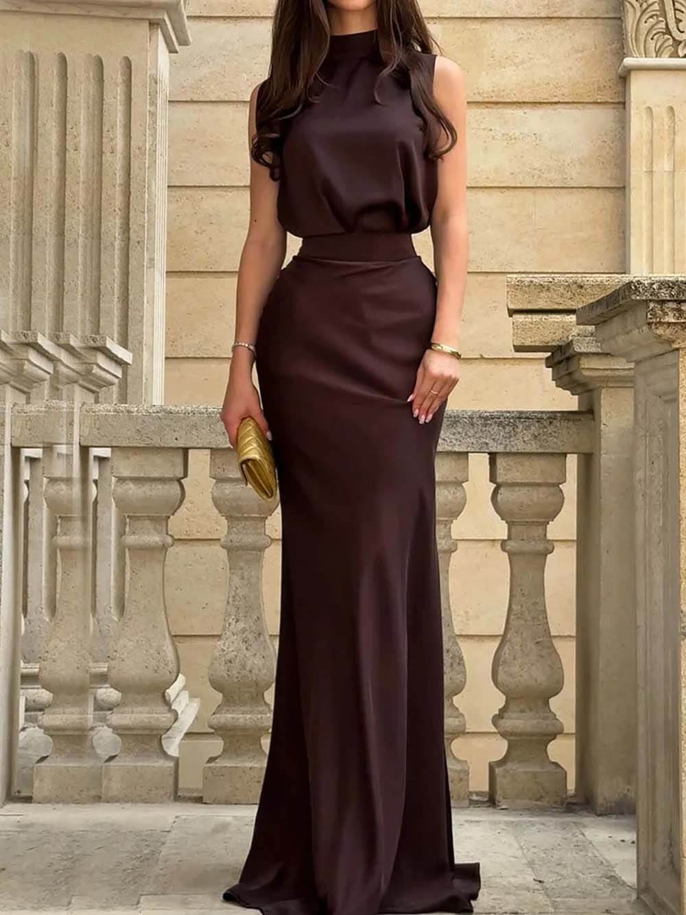 Exquisite Chocolate Brown High-neck Sleeveless Maxi Dress