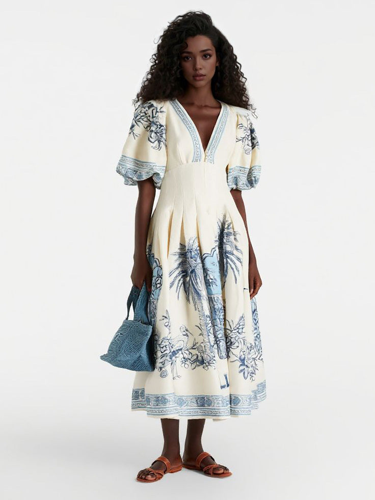 Vestido midi elegante com decote em V, mangas tufadas e estampado toile