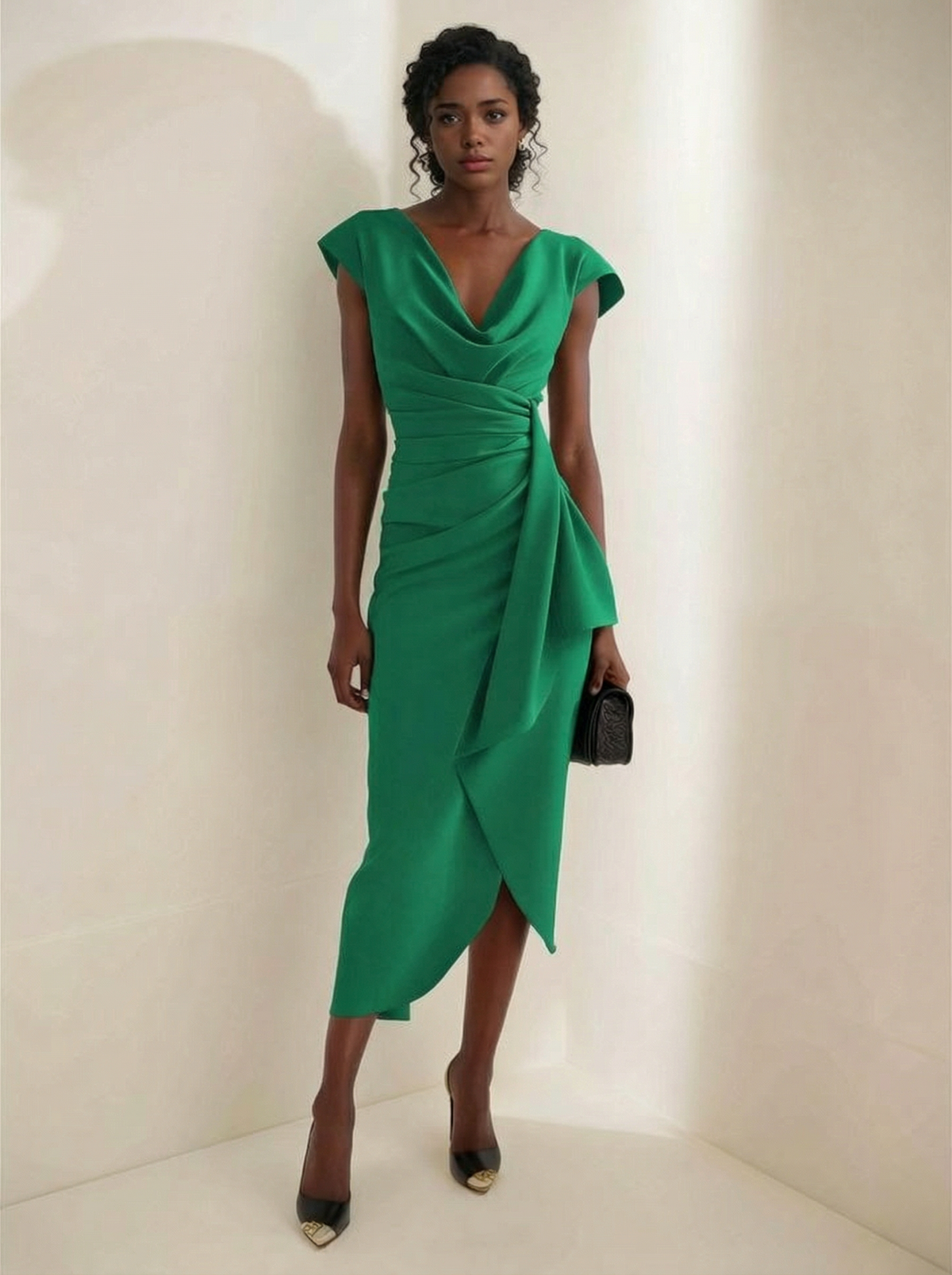 Abito midi elegante aderente con scollo drappeggiato