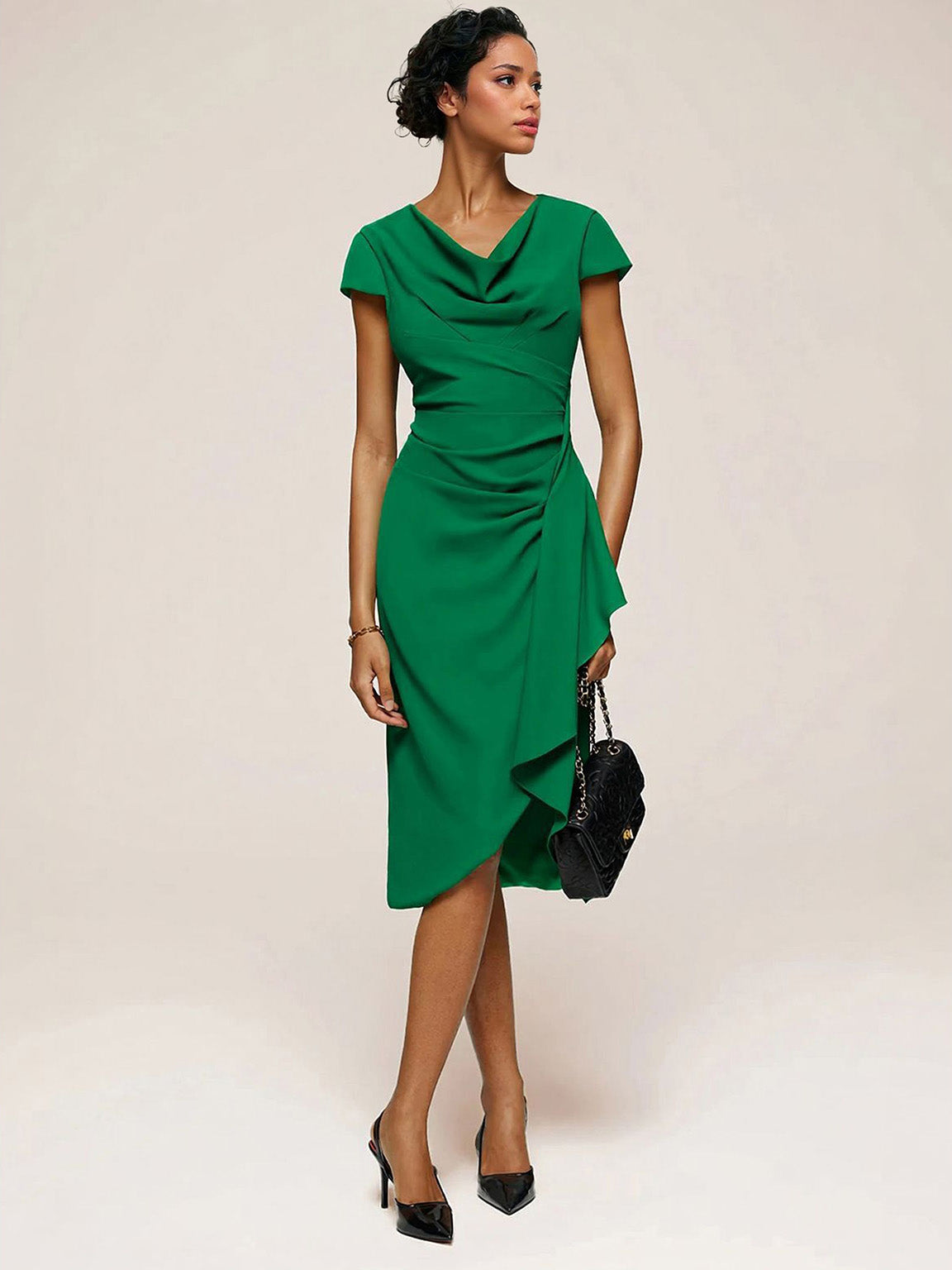 Abito midi elegante aderente con scollo drappeggiato