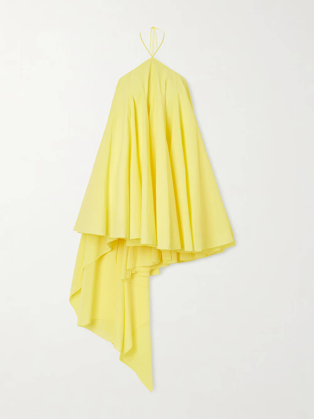 Vestido mini elegante amarelo de chiffon crepe, assimétrico e com decote halter