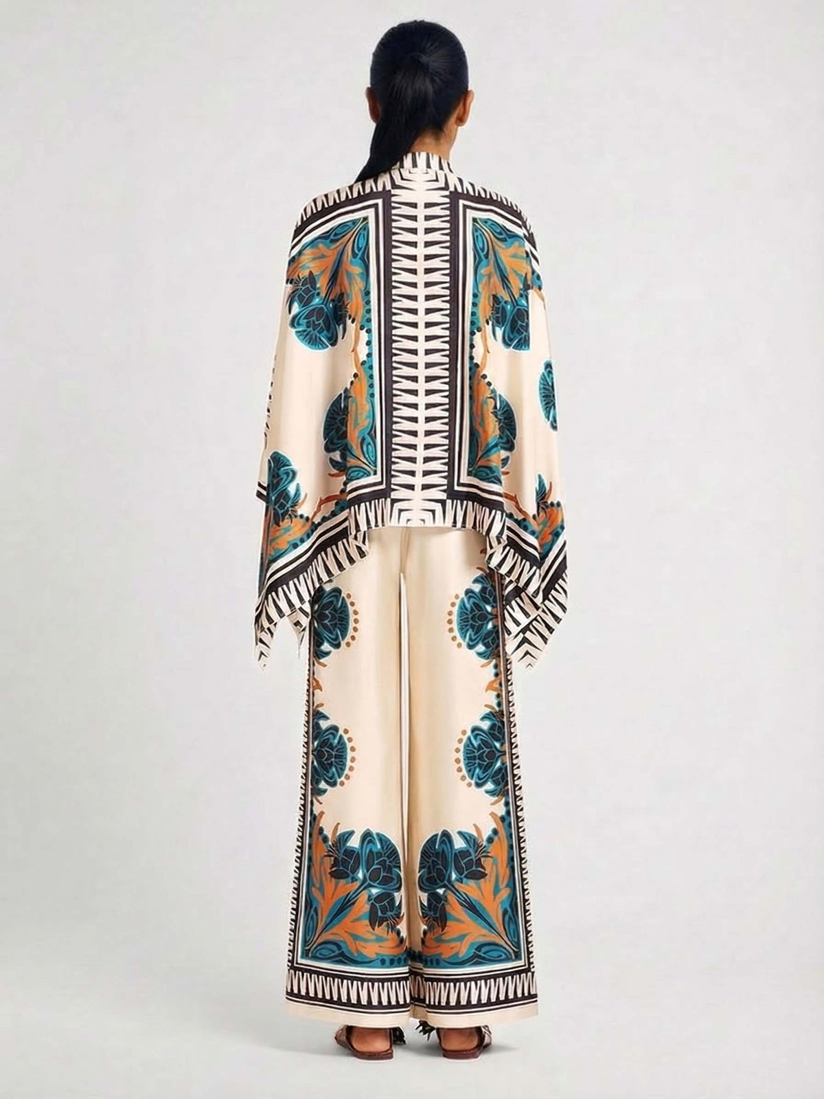 Exquisite Satin Floral Print Shirt & Wide-Leg Pants Set